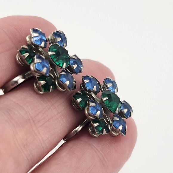 Vintage Earring .75" Cottagecore Blue & Green Layered Stacked Rhinestone Cluster - Picture 3 of 5